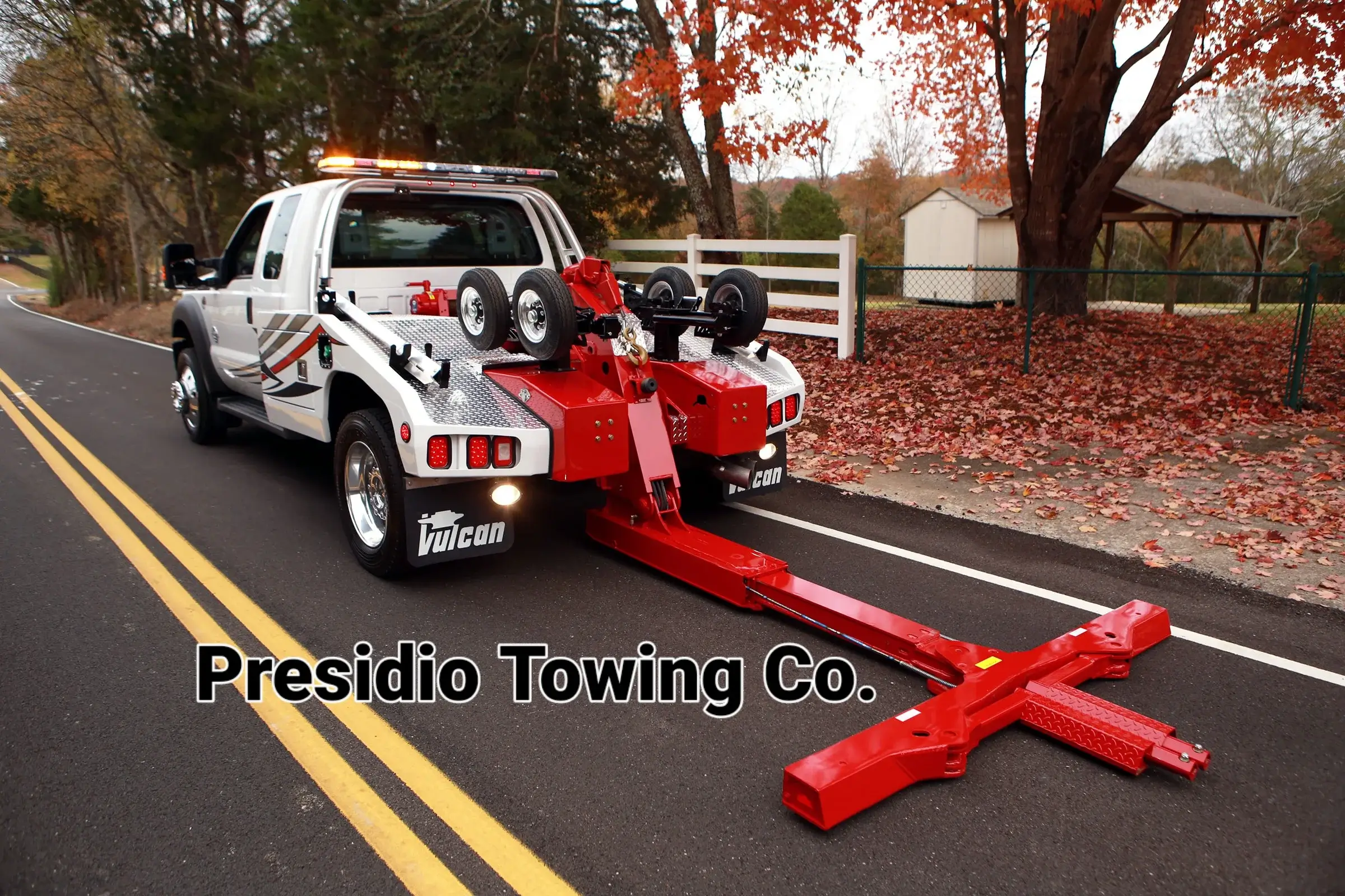 A white truck with a red trailer attached to it.